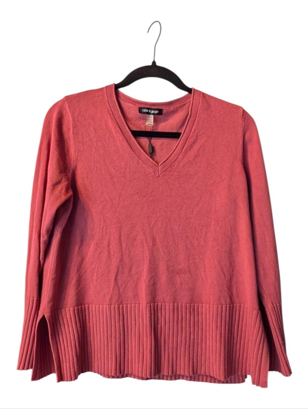 Cable & Gauge Dusty Rose V-Neck Sweater with Ribbed Flounce Hem